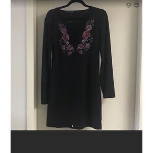 NWT~Derek Heart Black Knit Pink Rose Motif Mini Dress Sz Large